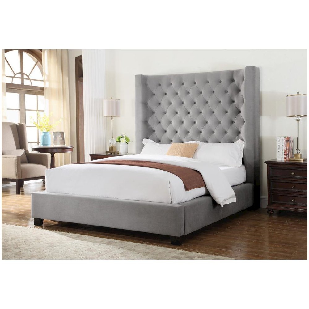 Best Master Jamie Velvet Upholstered Tower High Profile Cal King Bed in Gray