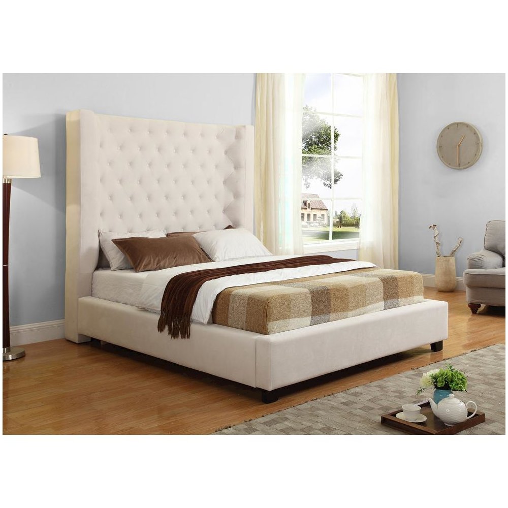 Best Master Jamie Velvet Upholstered Tower High Profile Queen Bed in Cream
