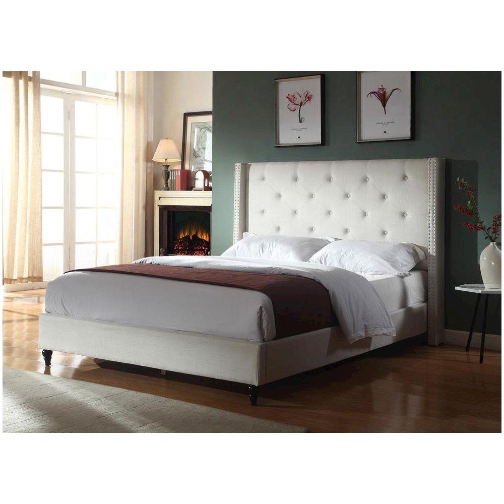 Best Master Valentina Fabric Upholstered Wingback Queen Platform Bed – Beige