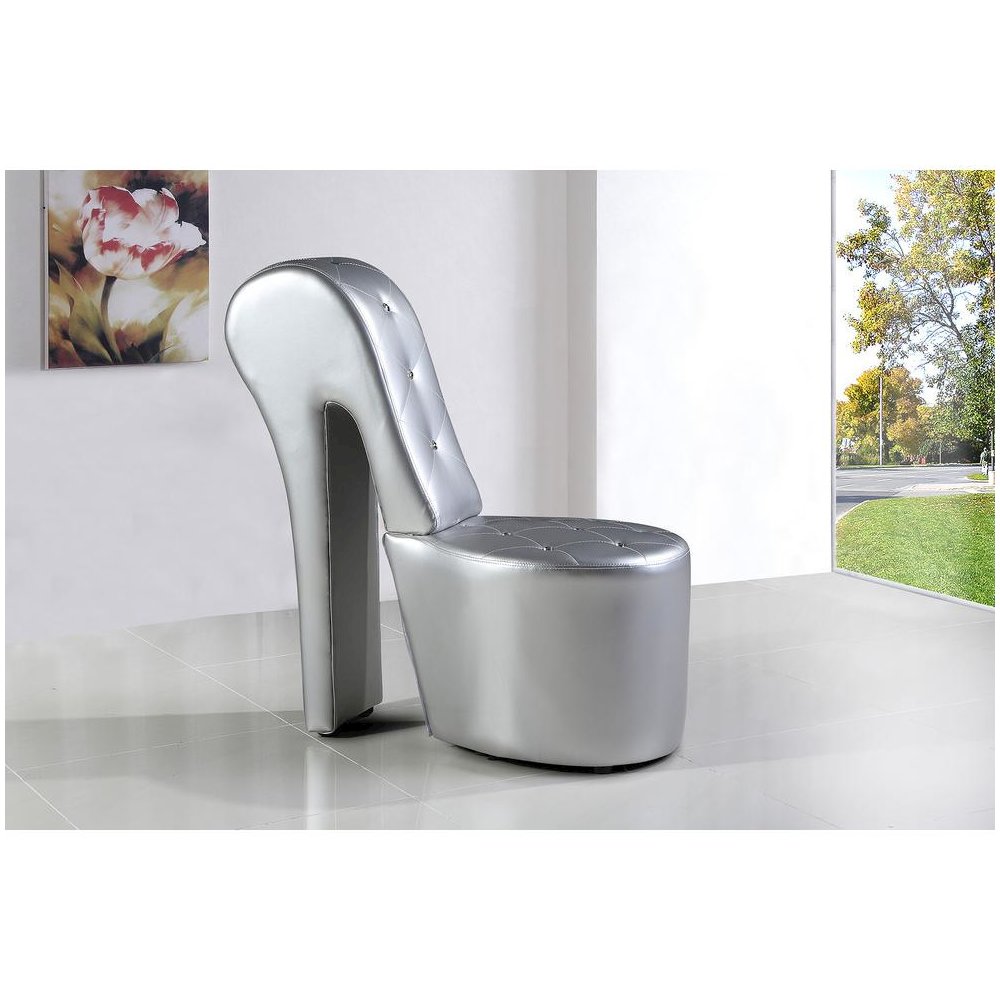 Best Master High Heel Faux Leather Crystal Studs Shoe Chair in Silver