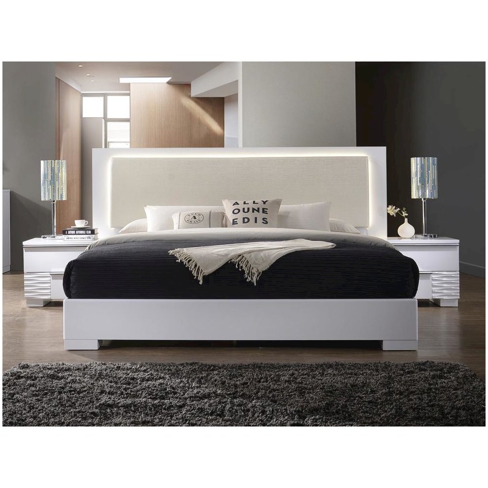 Best Master Athens Eastern King Platform Bed with LED Lighting in White Lacquer