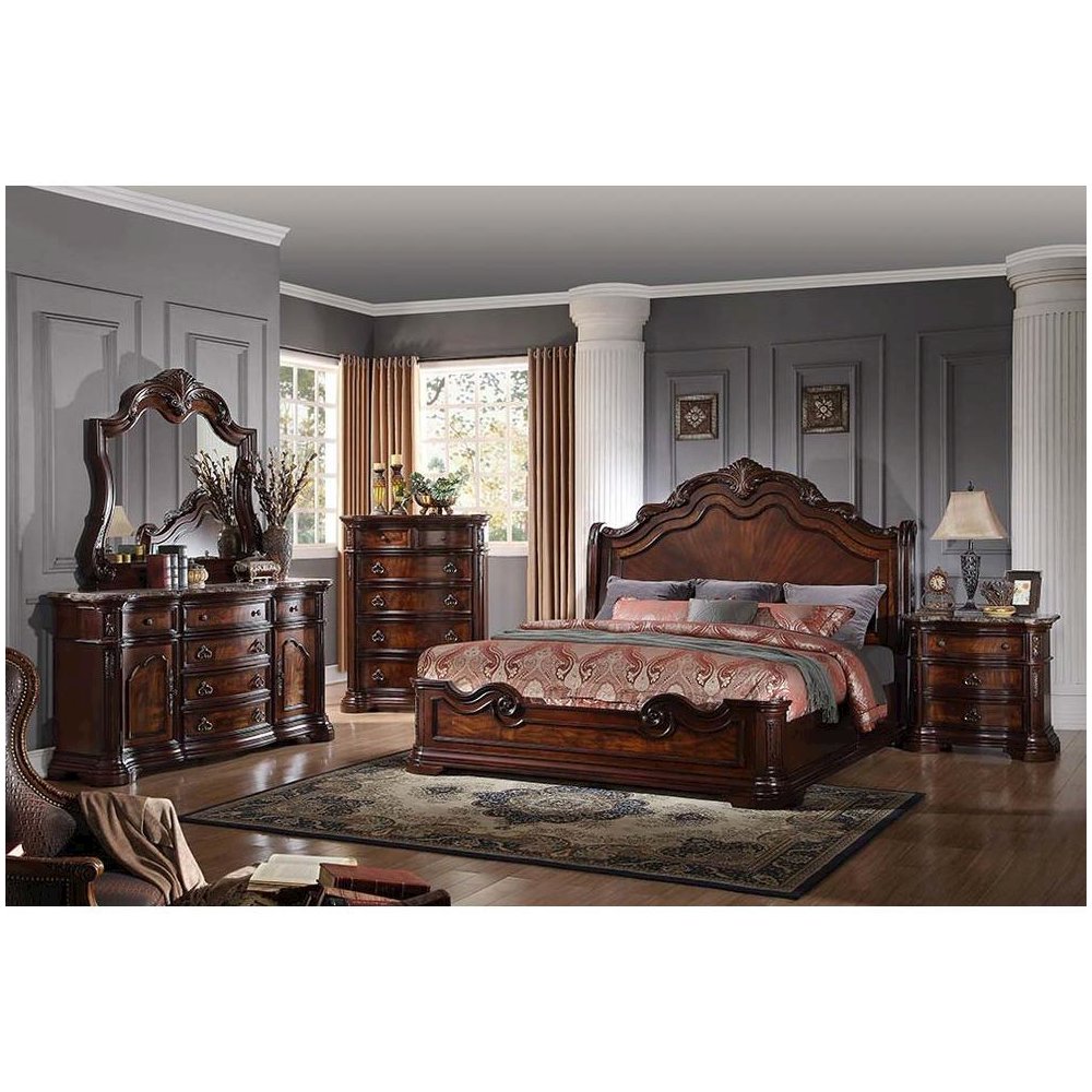 Barney 5-Piece Traditional Walnut With Marble Bedroom Set