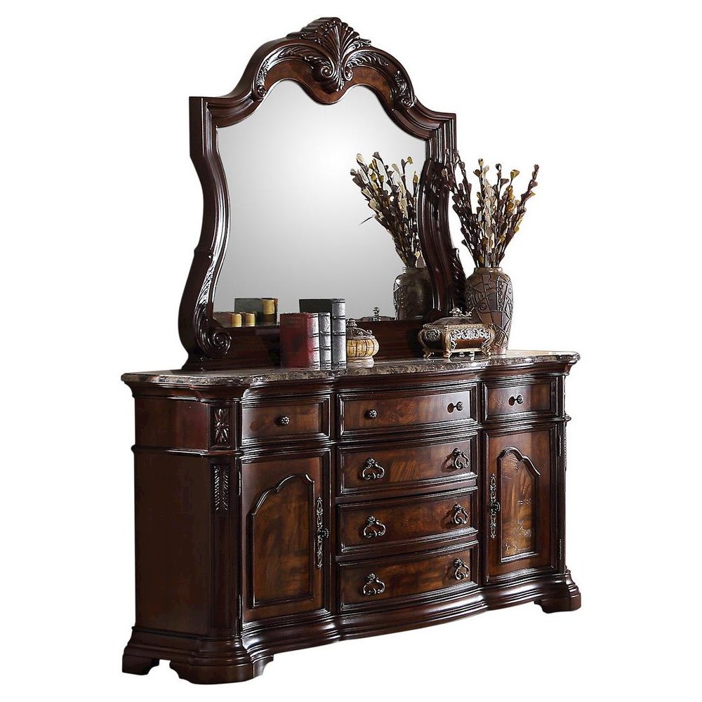 Best Master Barney’s 2-Piece Wood Dresser and Mirror Set in Walnut w/Marble Top