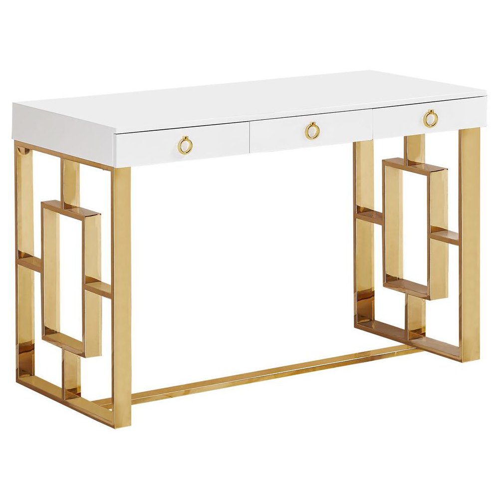Best Master Brooks 3-Drawer Wood and Stainless Steel Frame Writing Desk – Gold
