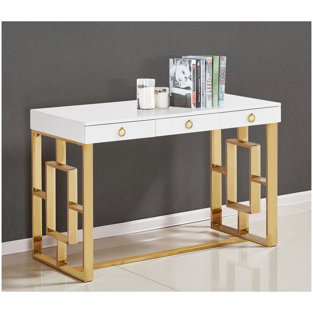 Best Master Brooks 3-Drawer Wood and Stainless Steel Frame Writing Desk – Gold