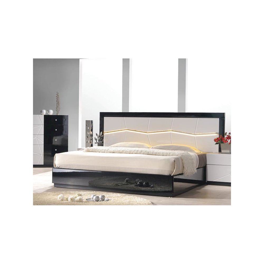 Best Master Poplar Wood East King Platfrom Bed With LED Light in White/Black