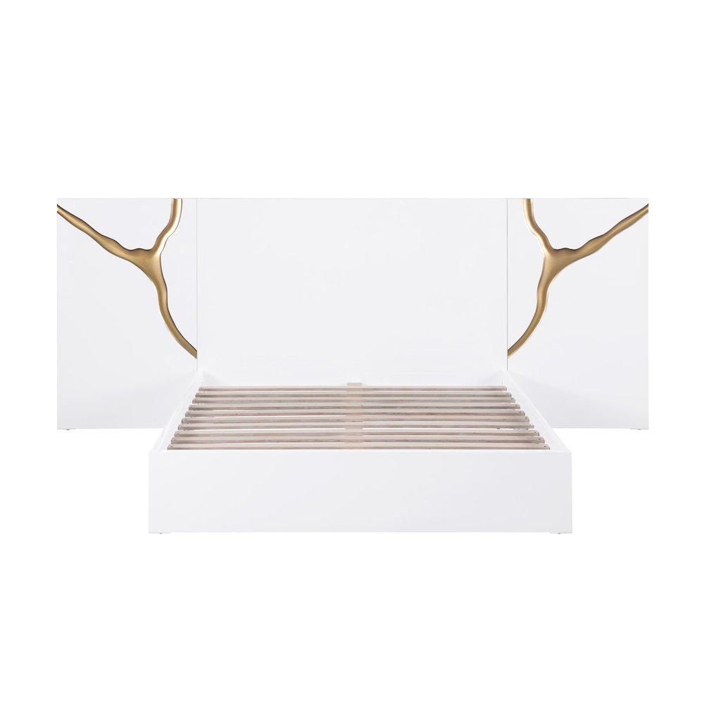 Modern Lacquered High Gloss Queen Bed Frame with Striking Gold Accent Cracks