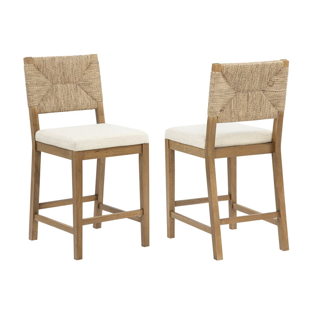 Counter Height Bar Chairs Mid Century Modern Woven Rope Back Beige Fabric Seat