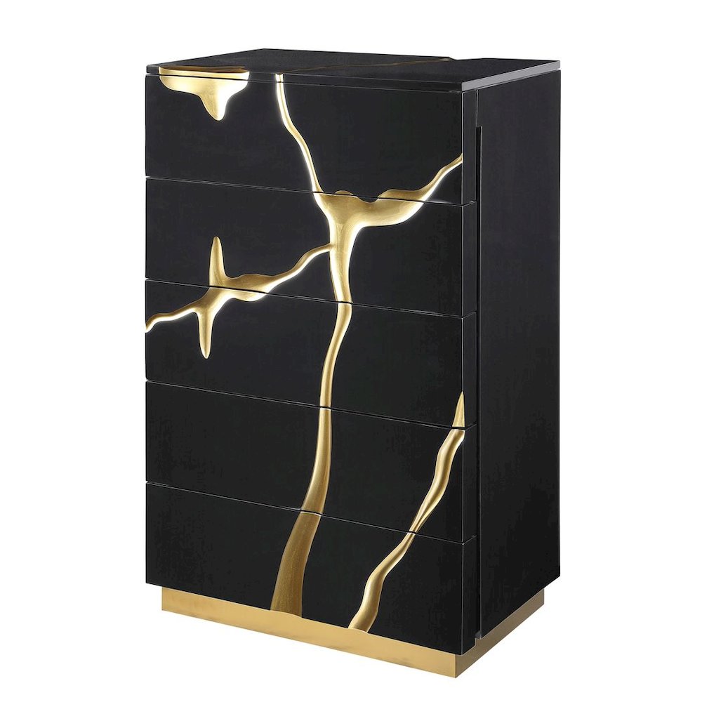 50″ Tall Modern High Gloss Lacquered Drawer Chest with Gold Accent Cracks