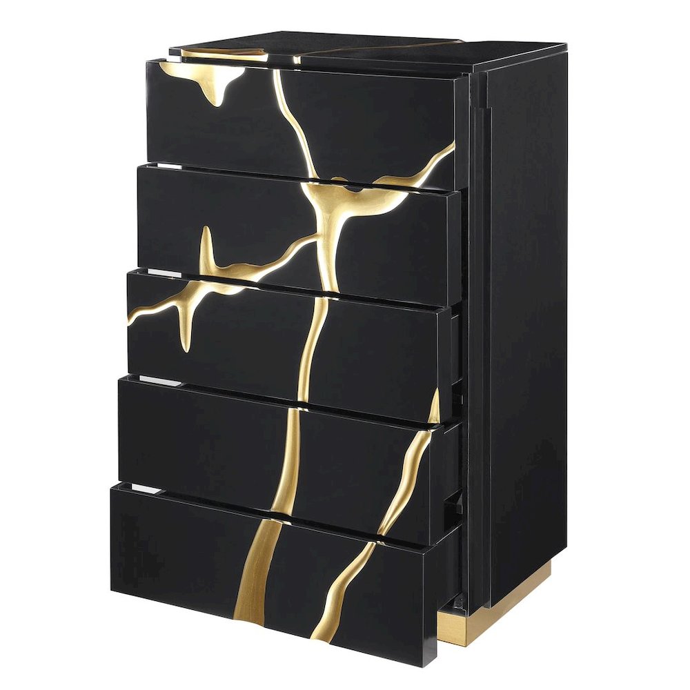 50″ Tall Modern High Gloss Lacquered Drawer Chest with Gold Accent Cracks