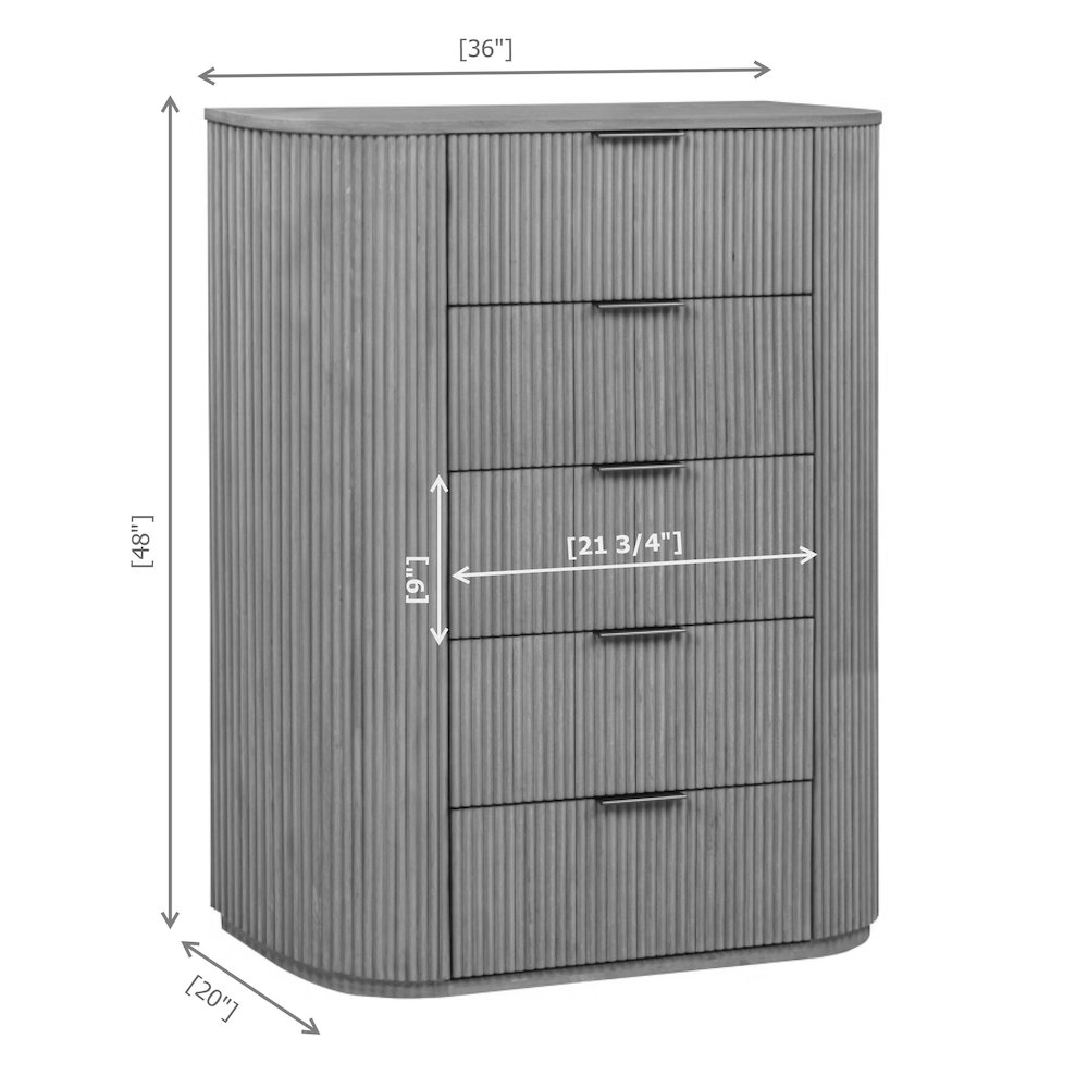 48″ High 5-Drawer Standing Chest Modern Fluted Tallboy Dresser White Oak Veneer