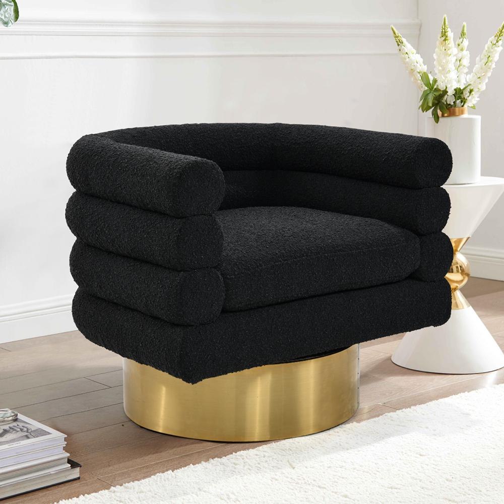 Sophos Black Boucle Fabric with Gold Base Swivel Accent Chair