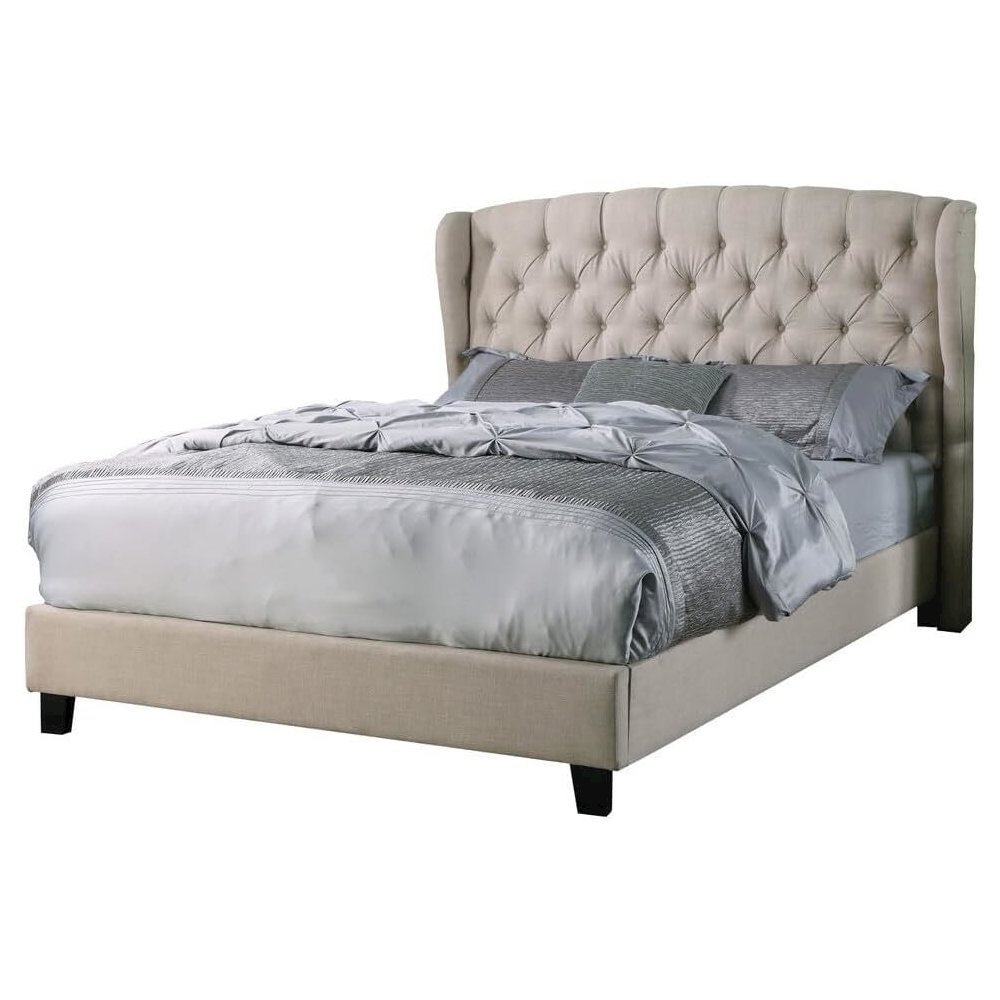 Frances Solid Wood/Fabric Upholstry Queen Platform Bed – Beige