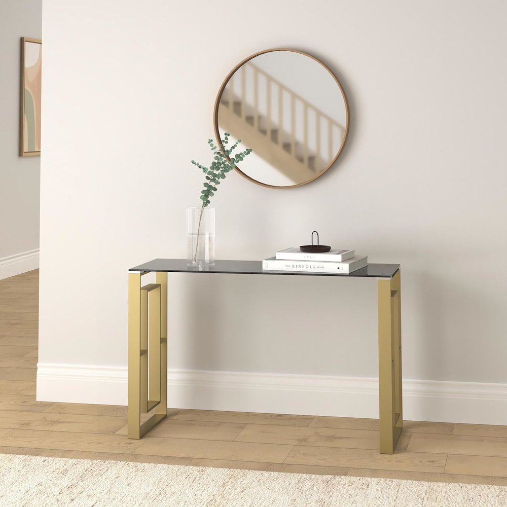 Best Master Mallory Stainless Steel and Smoked Glass Console Table in Gold