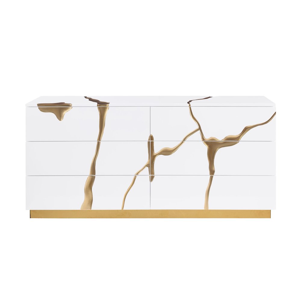 Modern High-Gloss Lacquered Dresser with Gold Crack Accents and Gold Base