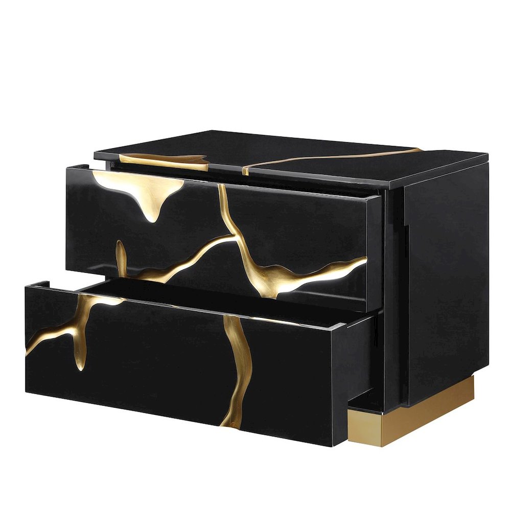 High-Gloss Lacquered Nightstand with Striking Gold Crack Accents and Gold Base