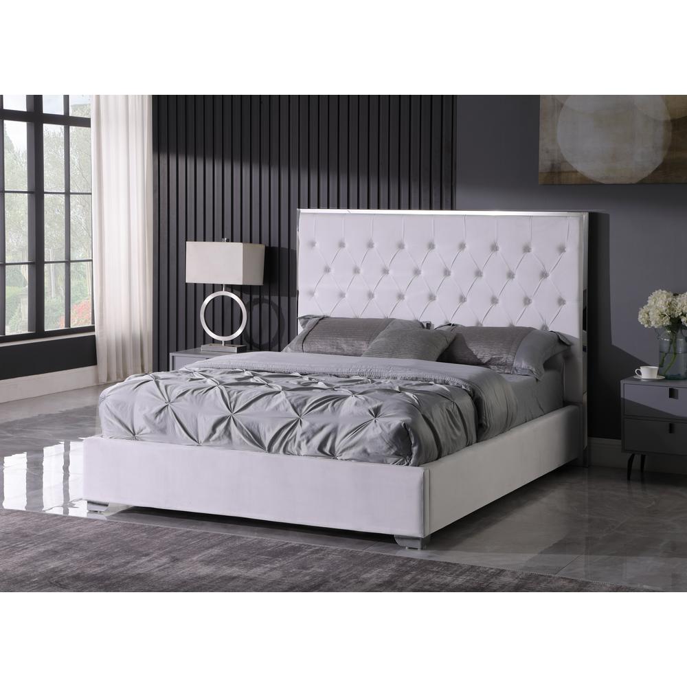 Kressa Velvet Fabric Tufted King Platform Bed in Cream