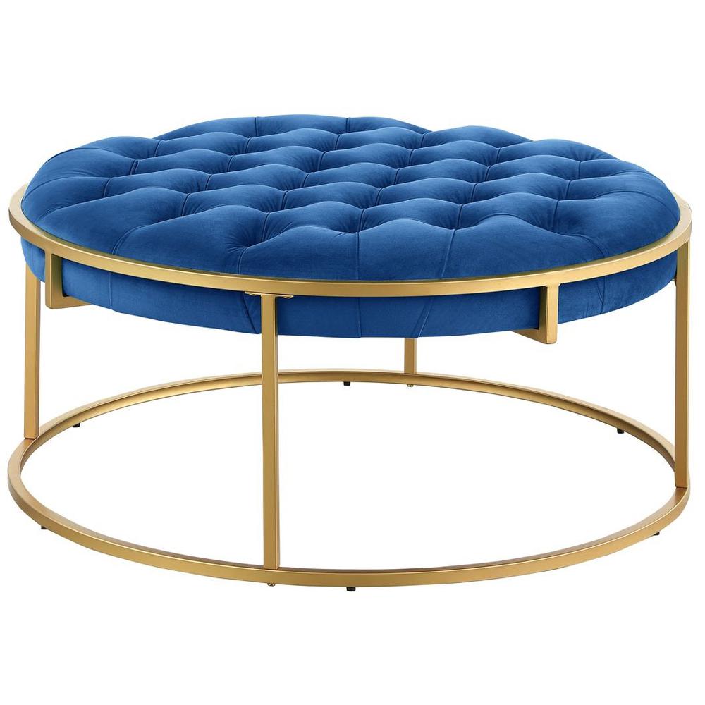 Conmara Velvet Round Accent Ottoman Navy Blue