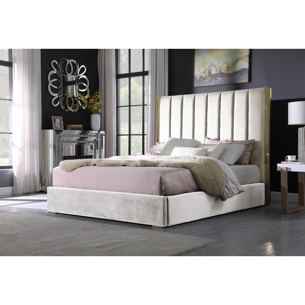 Jalen Beige Velvet Queen Platform Bed with Gold Accents