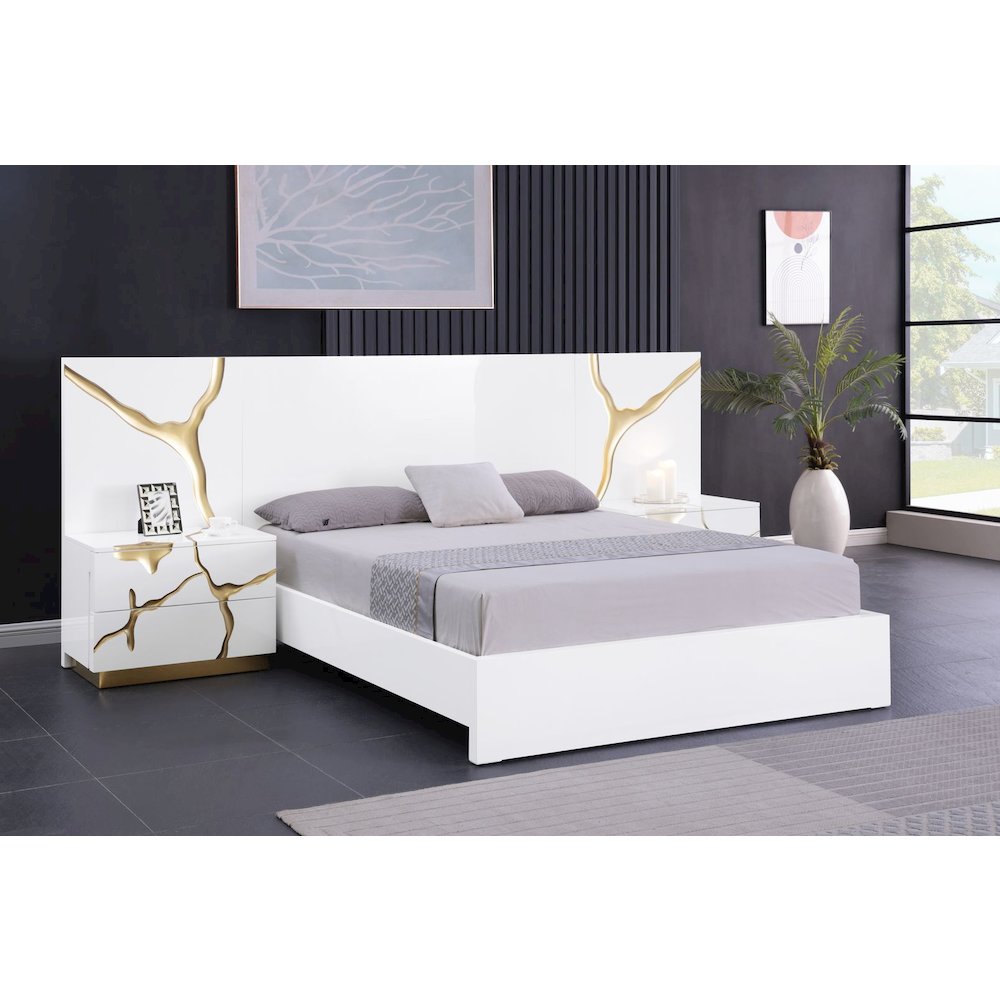 Lacquered High Gloss Eastern King Bed Frame with Striking Gold Accent Cracks