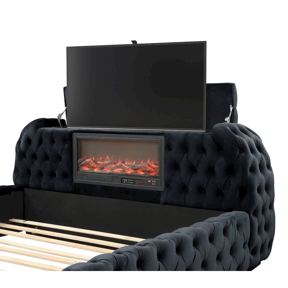 Upholstered Velvet Bed Frame with TV Stand & Fireplace