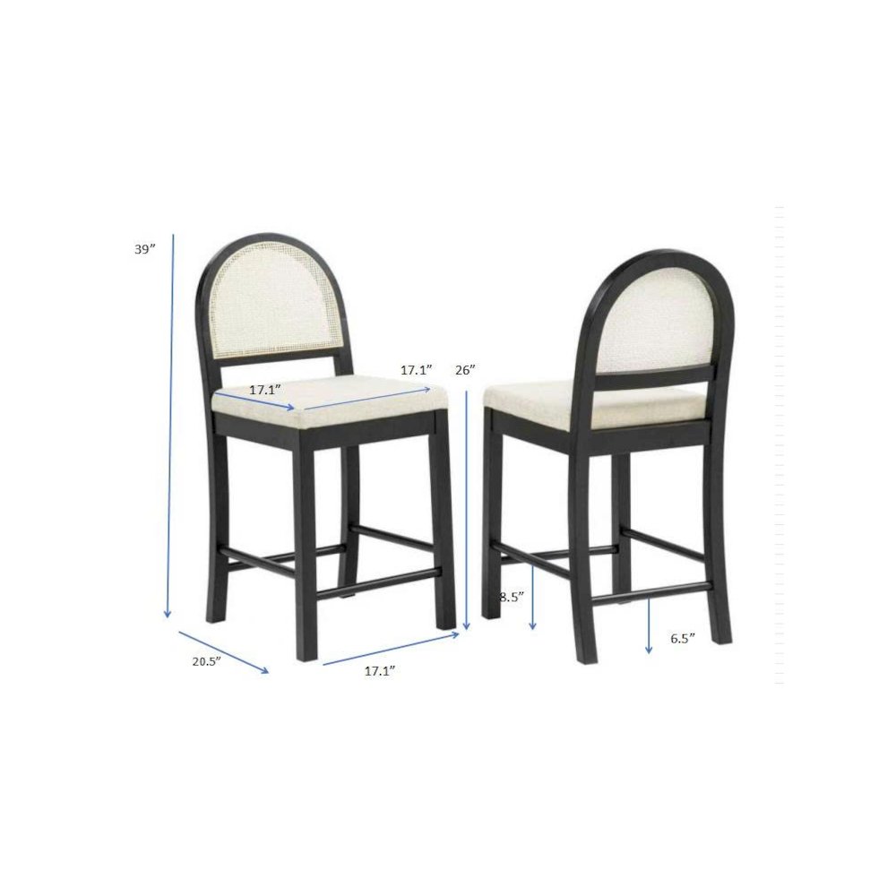 Counter Height Bar Chairs French Country Rattan Cane Back Beige Fabric Seat