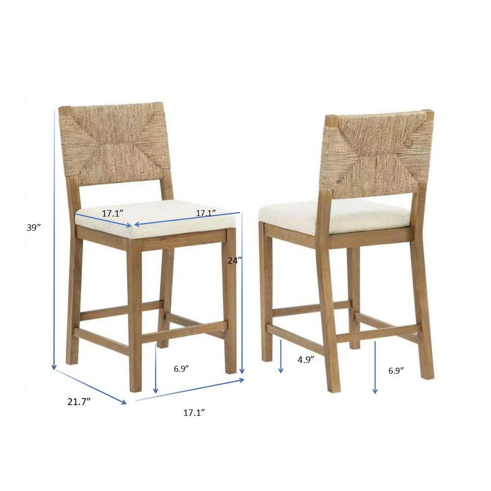Counter Height Bar Chairs Mid Century Modern Woven Rope Back Beige Fabric Seat
