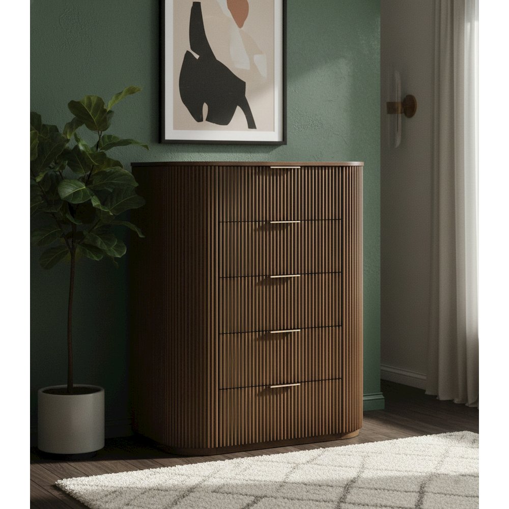 48″ High 5-Drawer Standing Chest Modern Fluted Tallboy Dresser White Oak Veneer