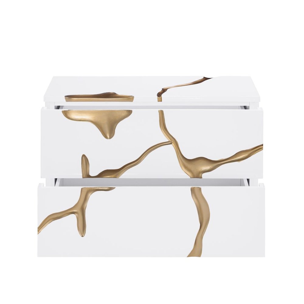 Modern High-Gloss Lacquered Nightstand with Gold Crack Accents and Gold Base