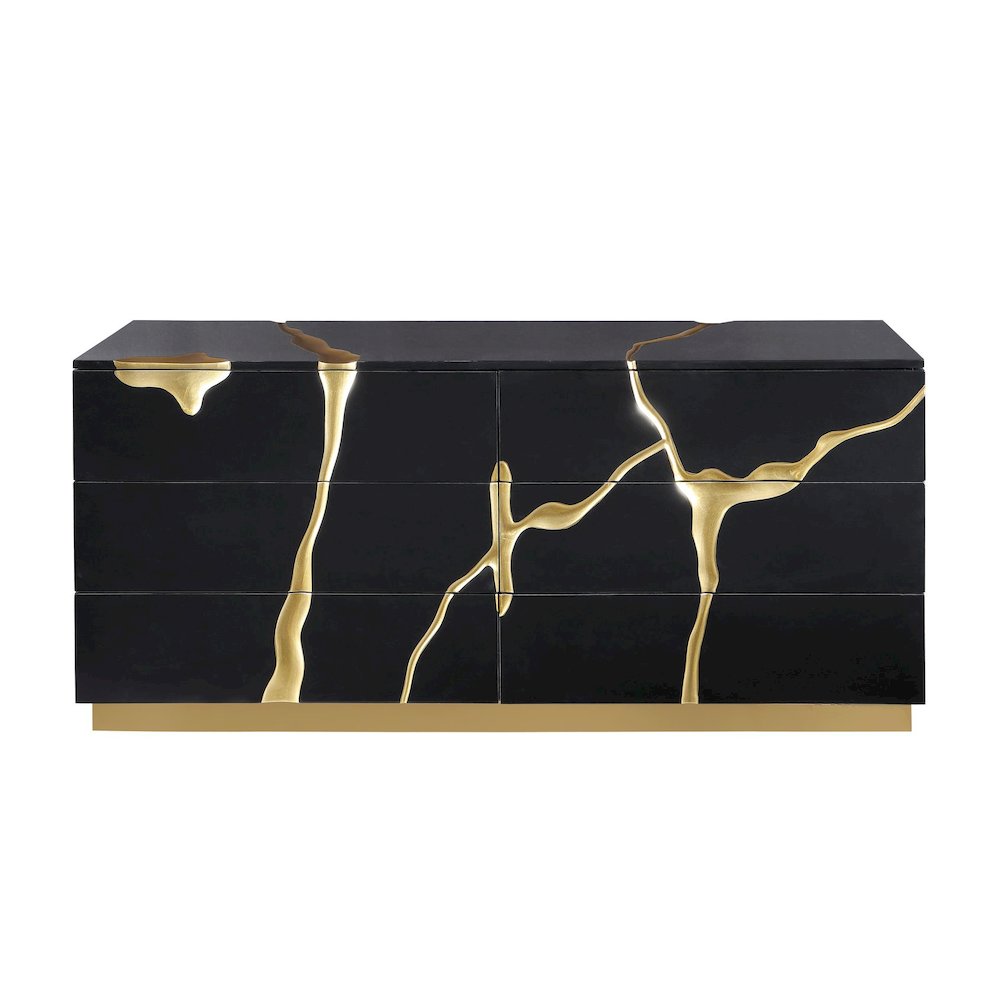 Modern Lacquered Dresser with Striking Gold Crack Accents and Gold Base