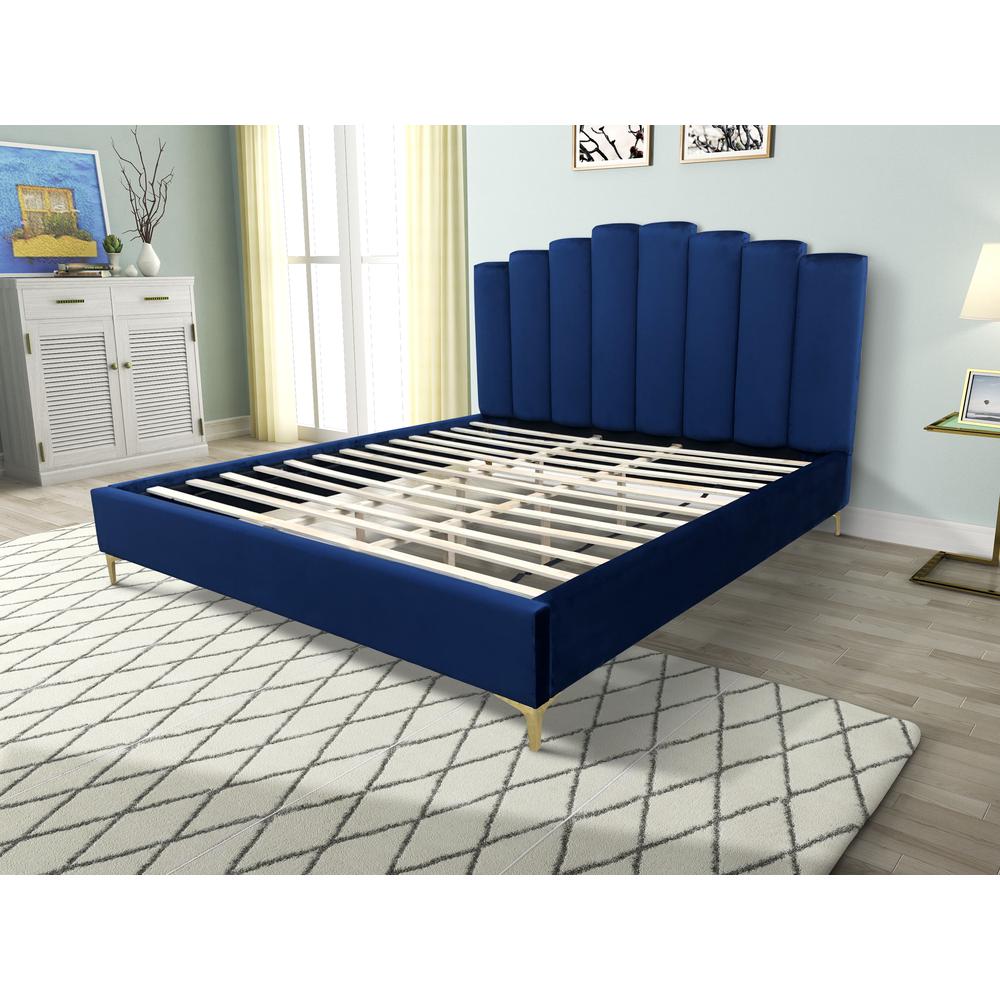Sicily Velvet Fabric King Platform Bed in Blue