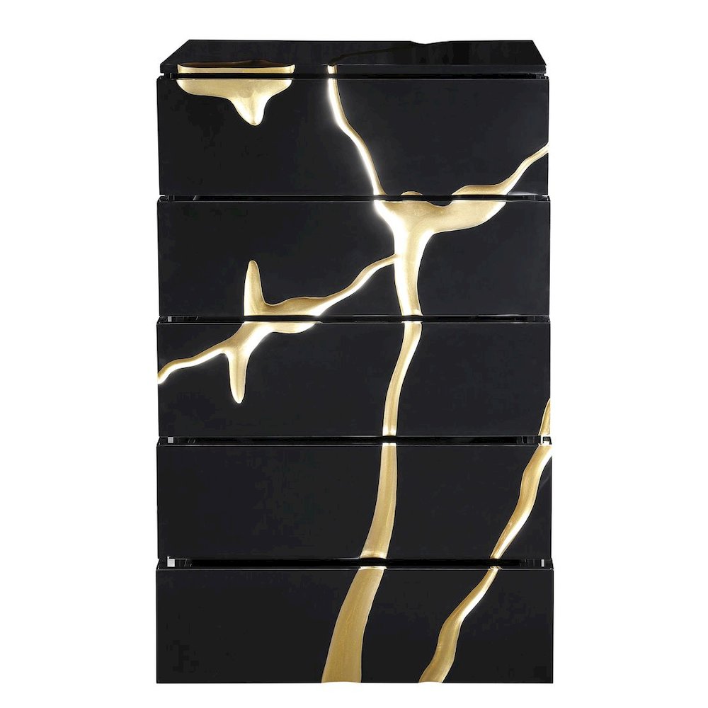 50″ Tall Modern High Gloss Lacquered Drawer Chest with Gold Accent Cracks
