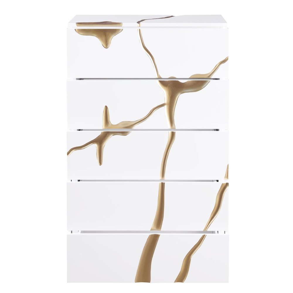 Modern High Gloss Lacquered Drawer Chest with Gold Accent Cracks and Base