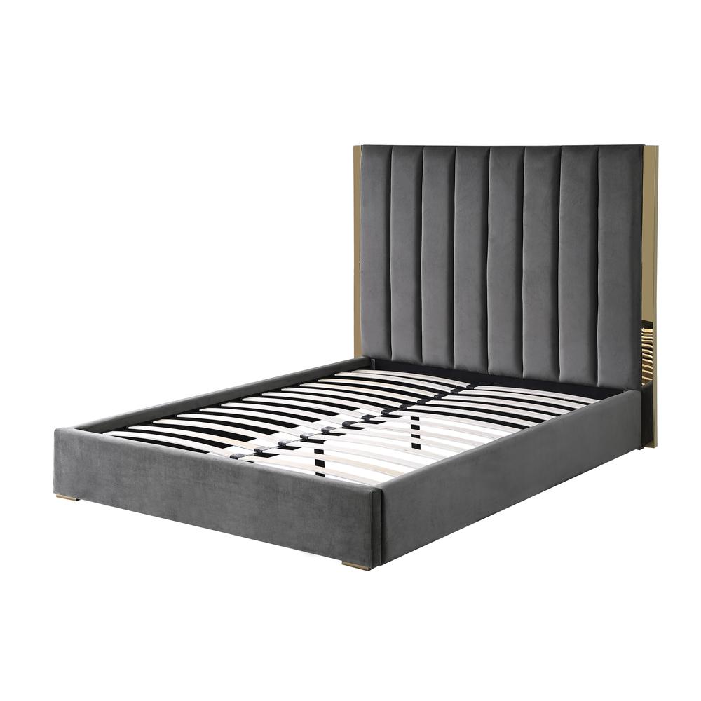 Jalen Dark Gray Velvet King Platform Bed with Gold Accents