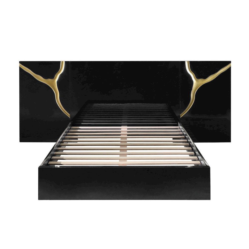 Modern Lacquered High Gloss Queen Bed Frame with Striking Gold Accent Cracks