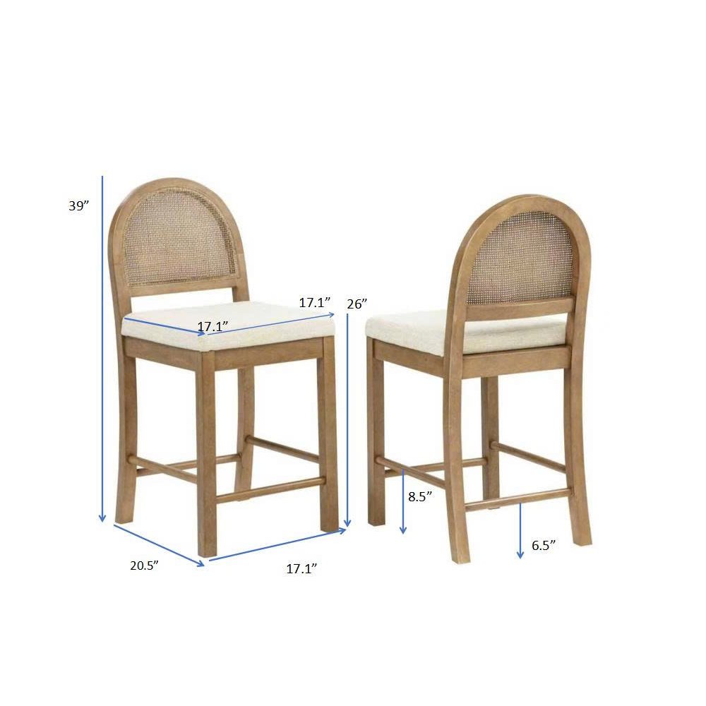 Counter Height Bar Chairs French Country Brown Rattan Back Beige Fabric Seat