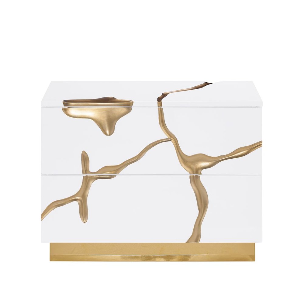 Modern High-Gloss Lacquered Nightstand with Gold Crack Accents and Gold Base
