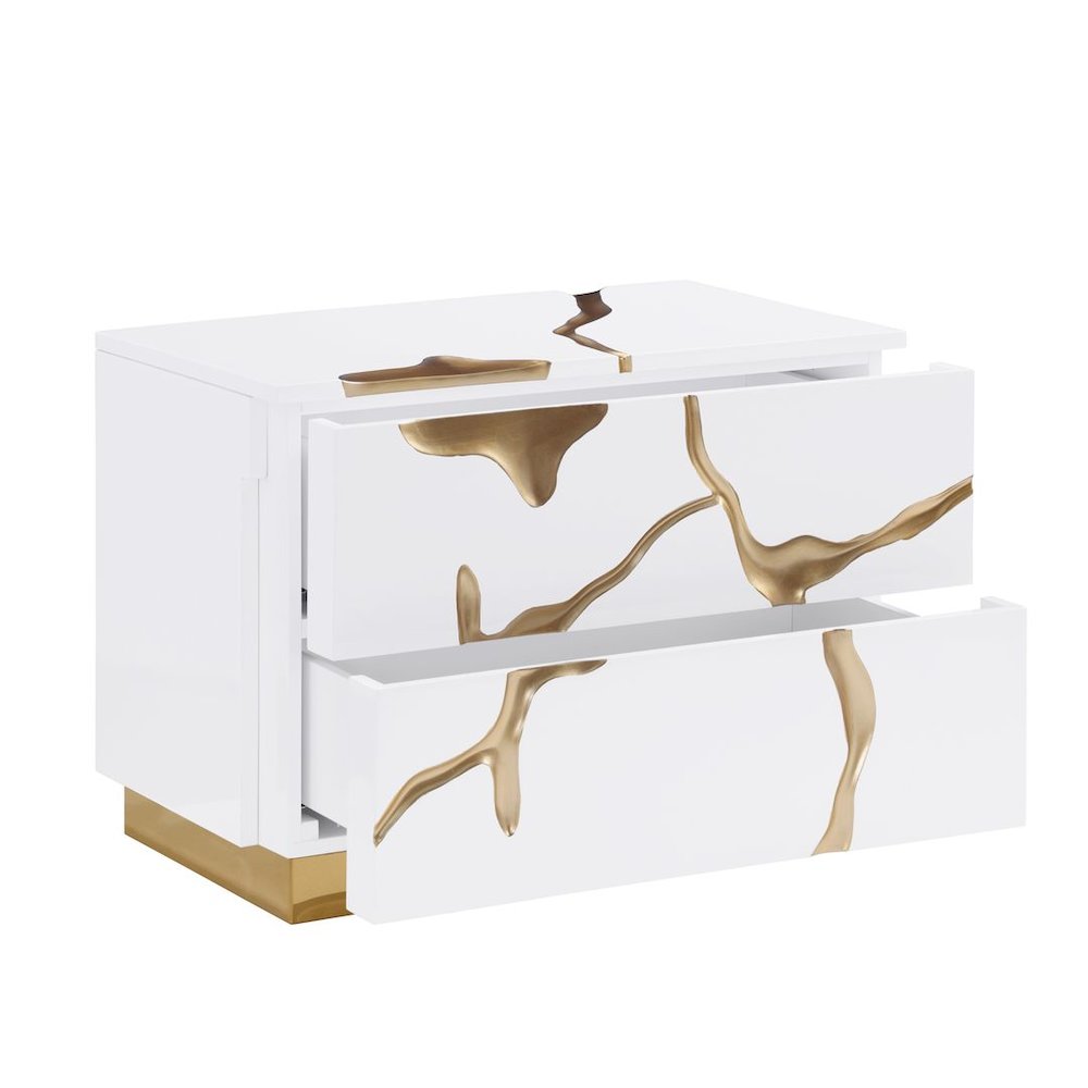 Modern High-Gloss Lacquered Nightstand with Gold Crack Accents and Gold Base