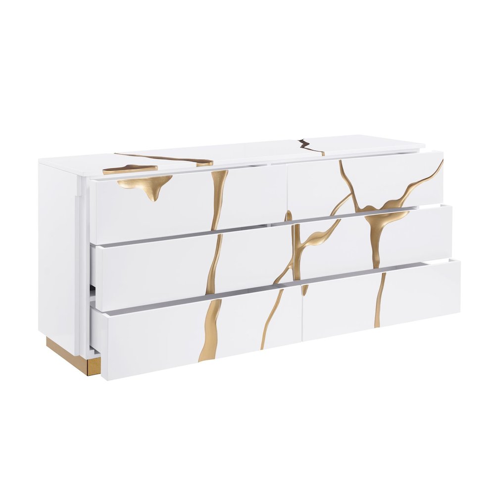 Modern High-Gloss Lacquered Dresser with Gold Crack Accents and Gold Base