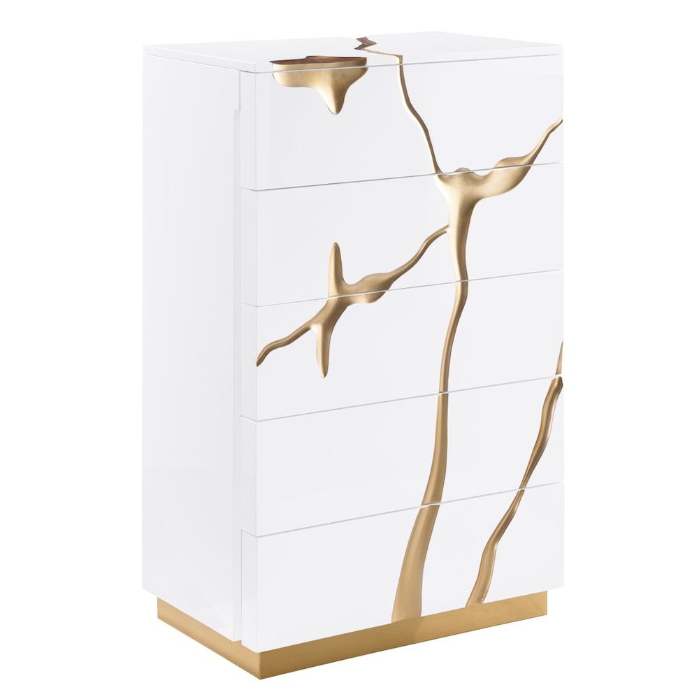 Modern High Gloss Lacquered Drawer Chest with Gold Accent Cracks and Base