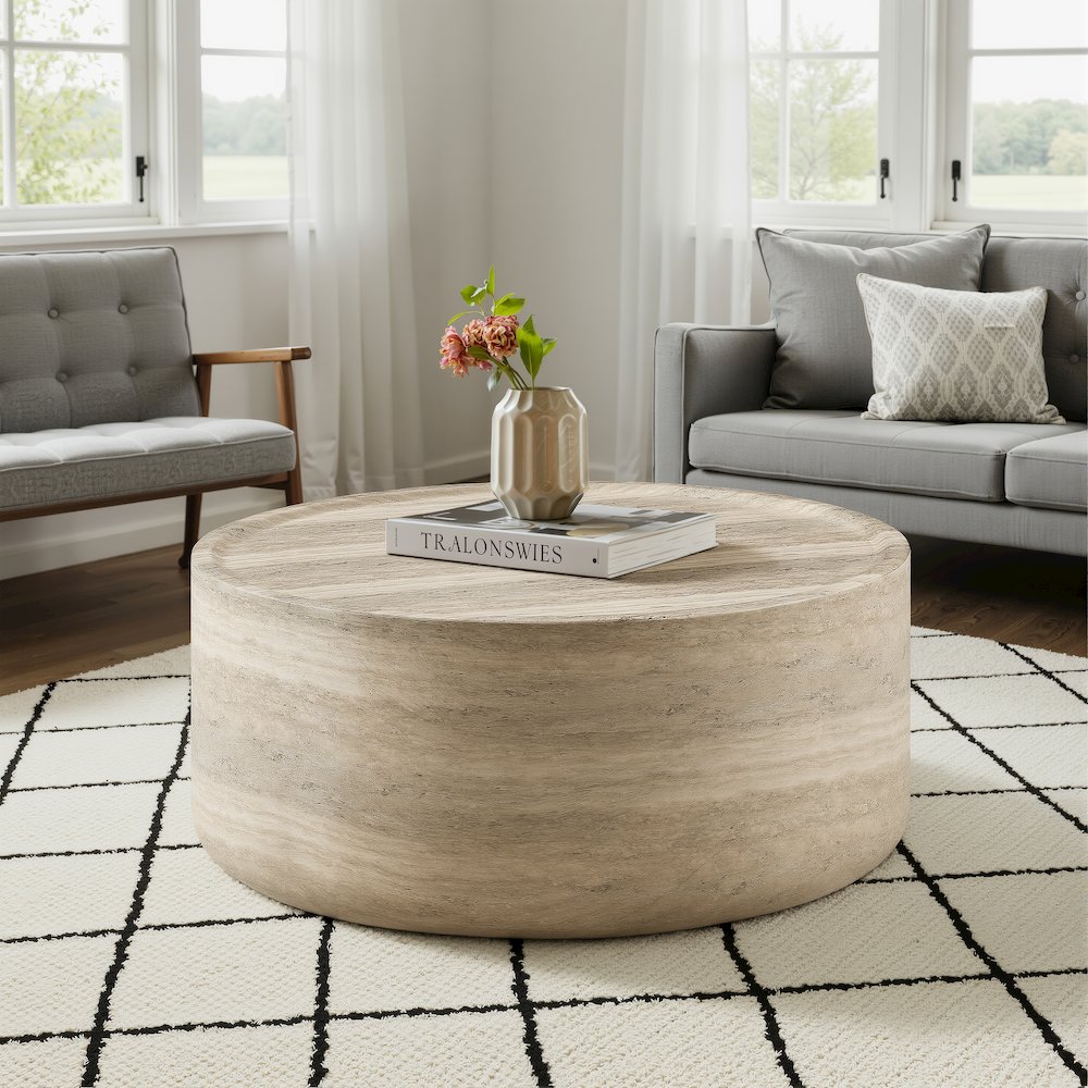 Round Coffee Table Concrete Travertine Finish