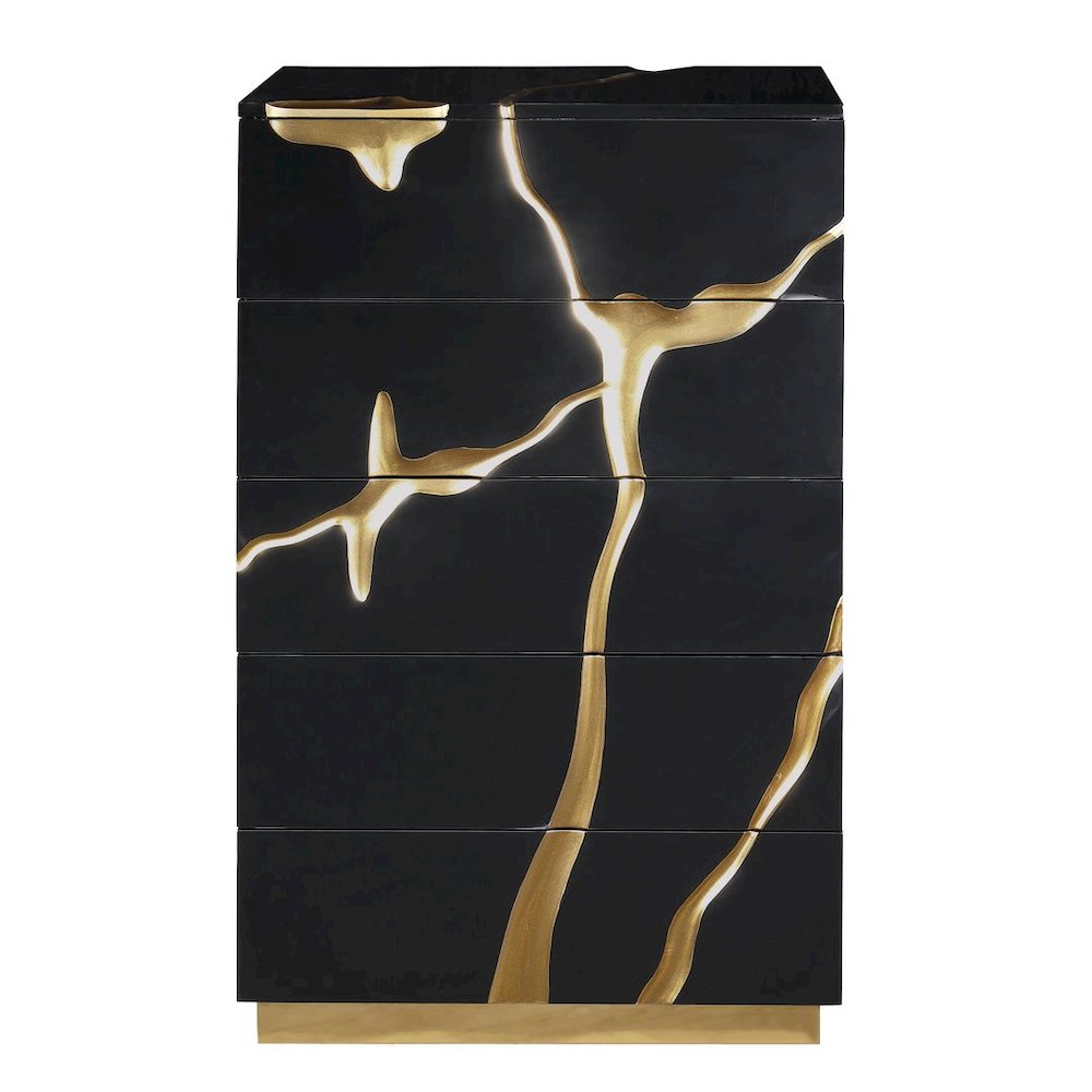 50″ Tall Modern High Gloss Lacquered Drawer Chest with Gold Accent Cracks