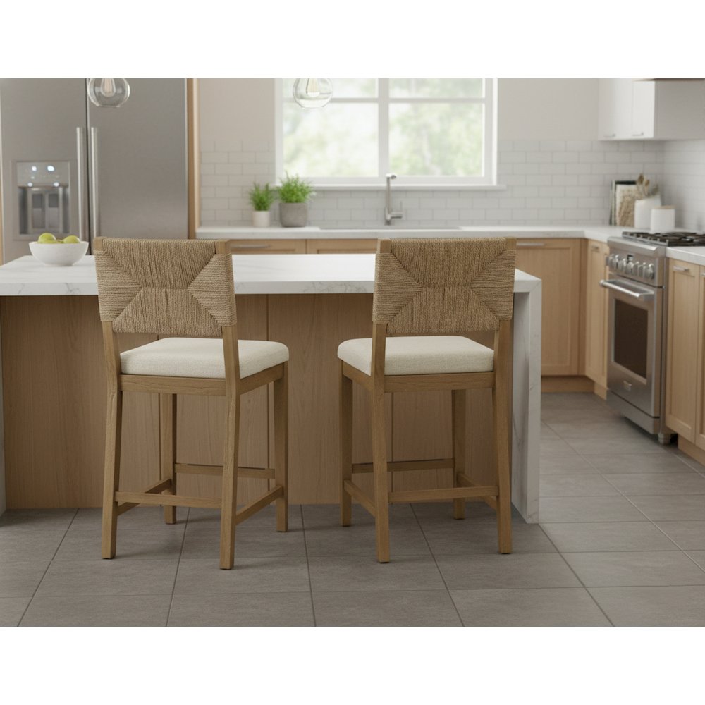 Counter Height Bar Chairs Mid Century Modern Woven Rope Back Beige Fabric Seat