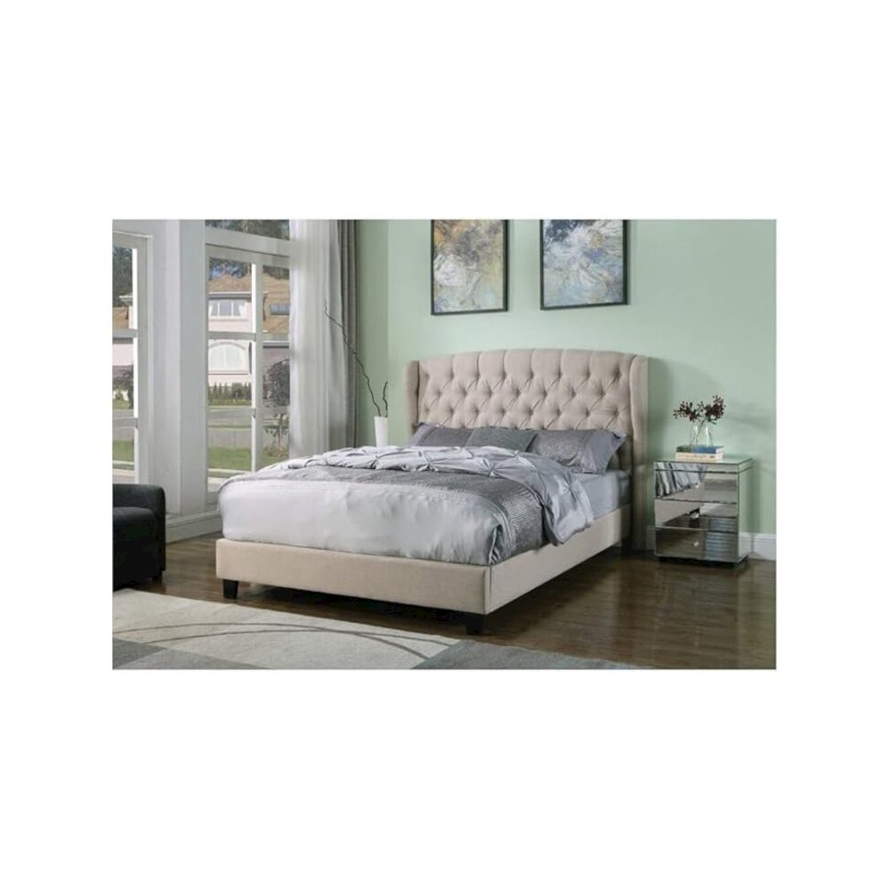 Frances Solid Wood/Fabric Upholstry Cal King Platform Bed – Beige