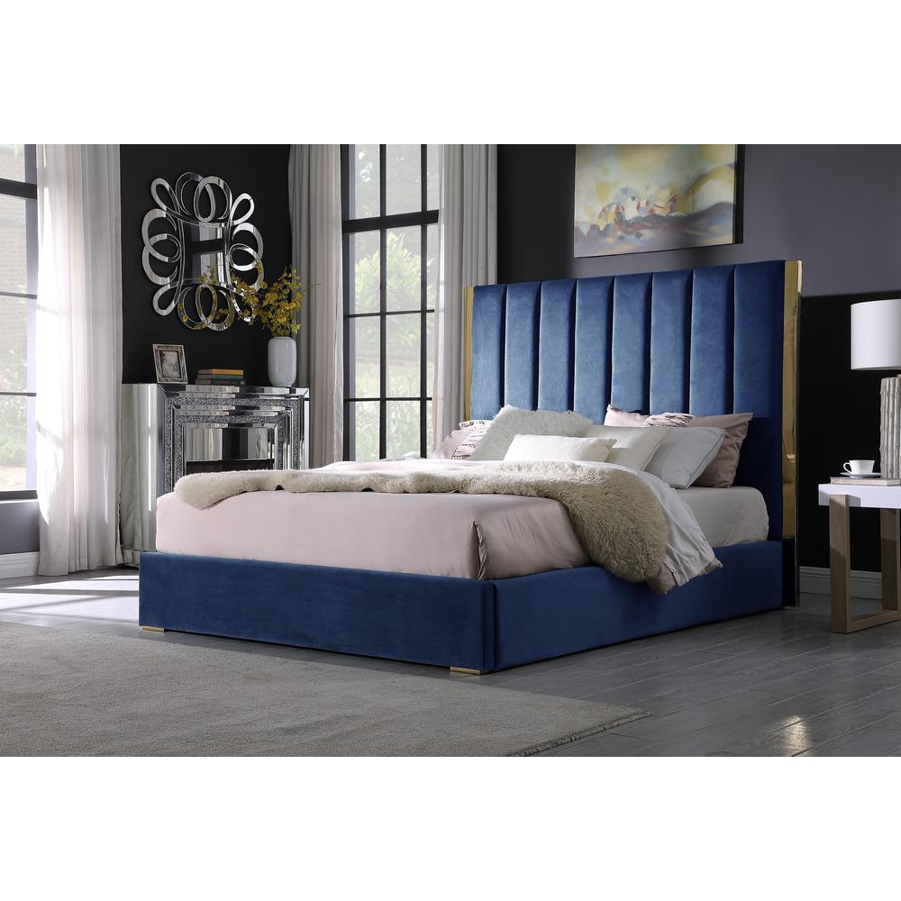 Jalen Blue Velvet Queen Platform Bed with Gold Accents