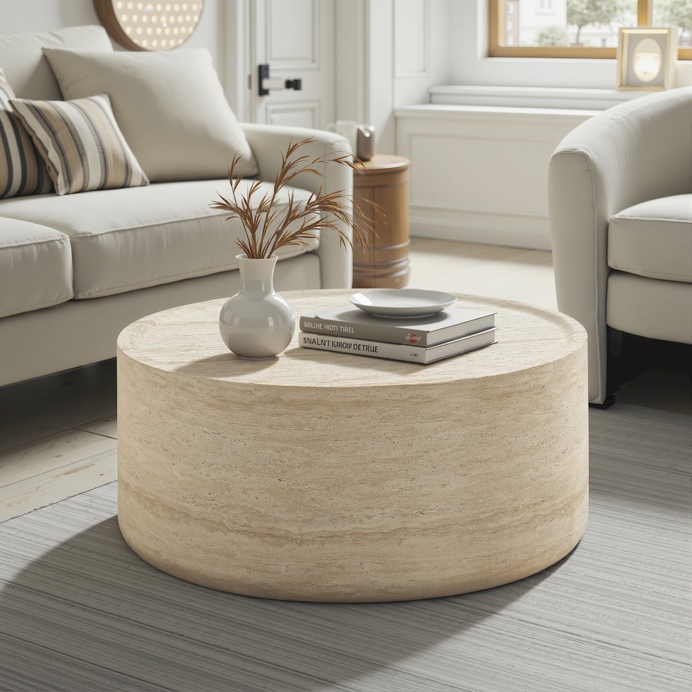 Round Coffee Table Concrete Travertine Finish