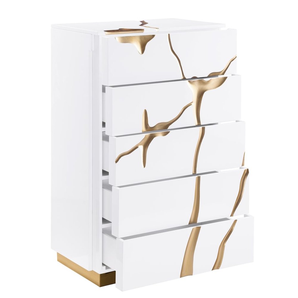 Modern High Gloss Lacquered Drawer Chest with Gold Accent Cracks and Base