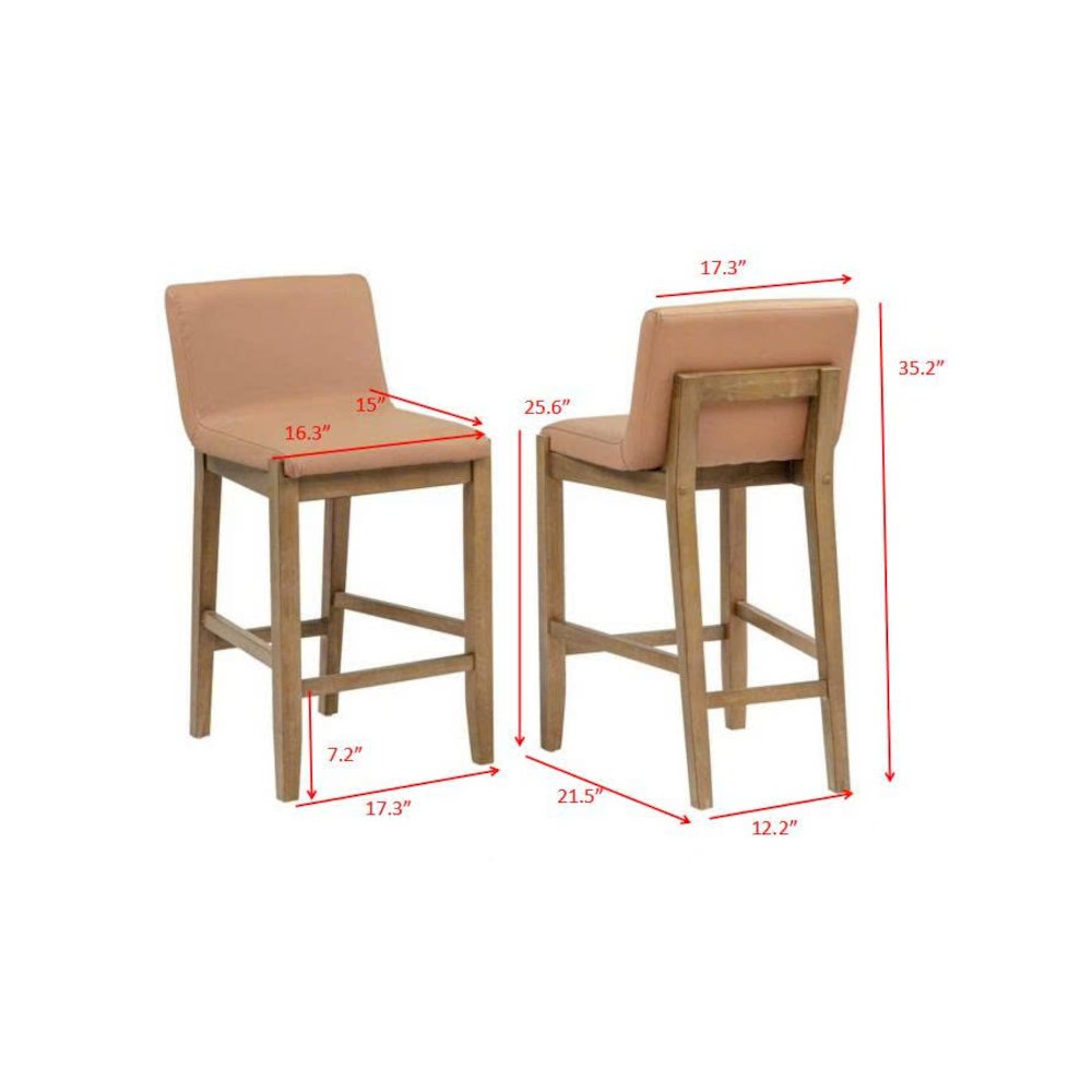 35″ High Counter Height Bar Chairs Mid Century Modern Brown Faux Leather Seat