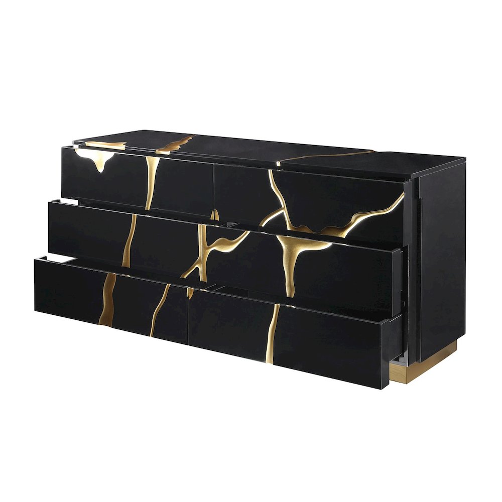 Modern Lacquered Dresser with Striking Gold Crack Accents and Gold Base