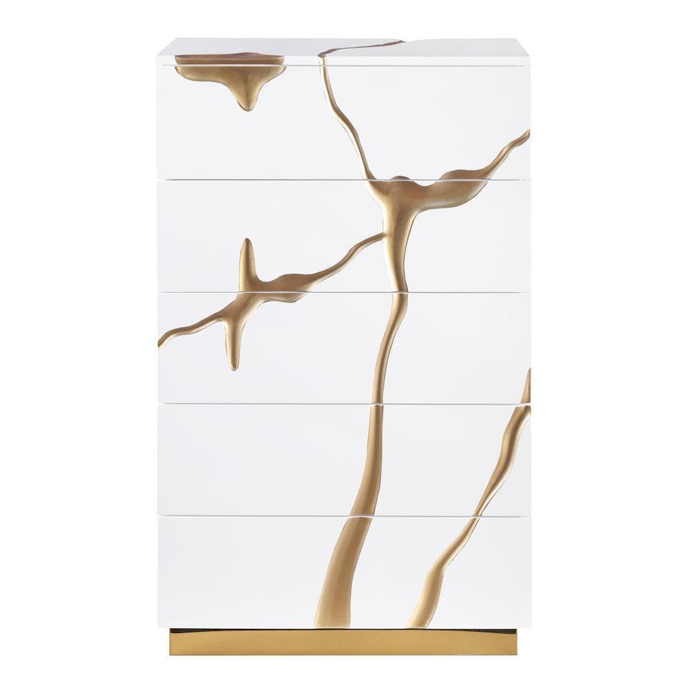Modern High Gloss Lacquered Drawer Chest with Gold Accent Cracks and Base